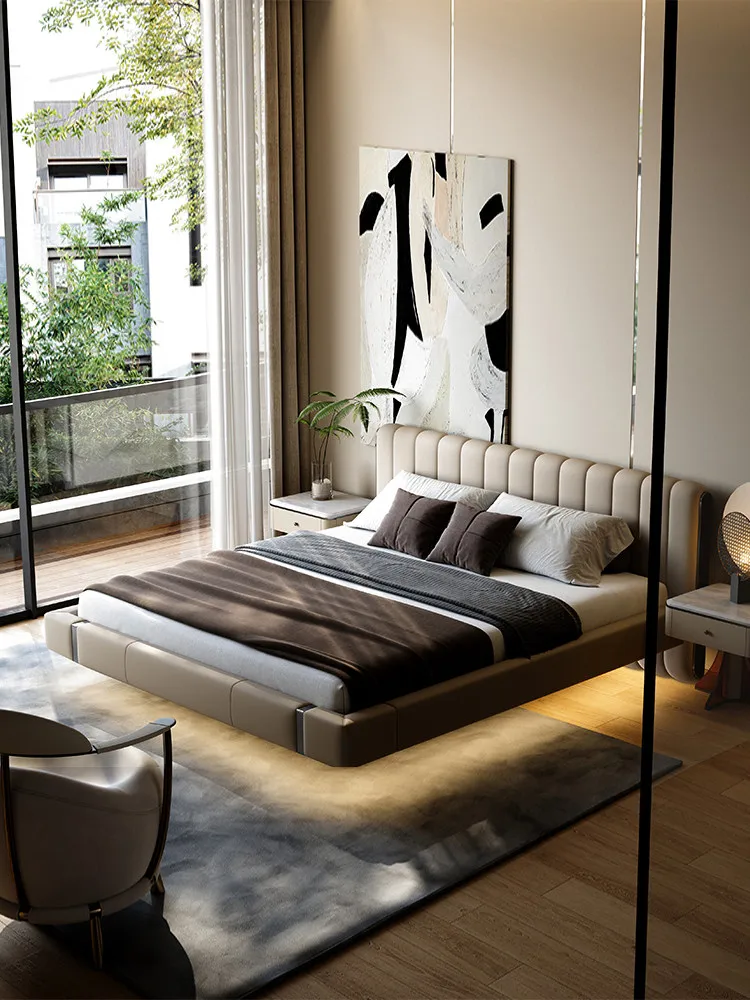 Minimalist Full Leather Bed, Wedding Bed, High-end Large Flat-level Luxury Suspended Double Bed, 1.8-meter Master Bedroom Bed