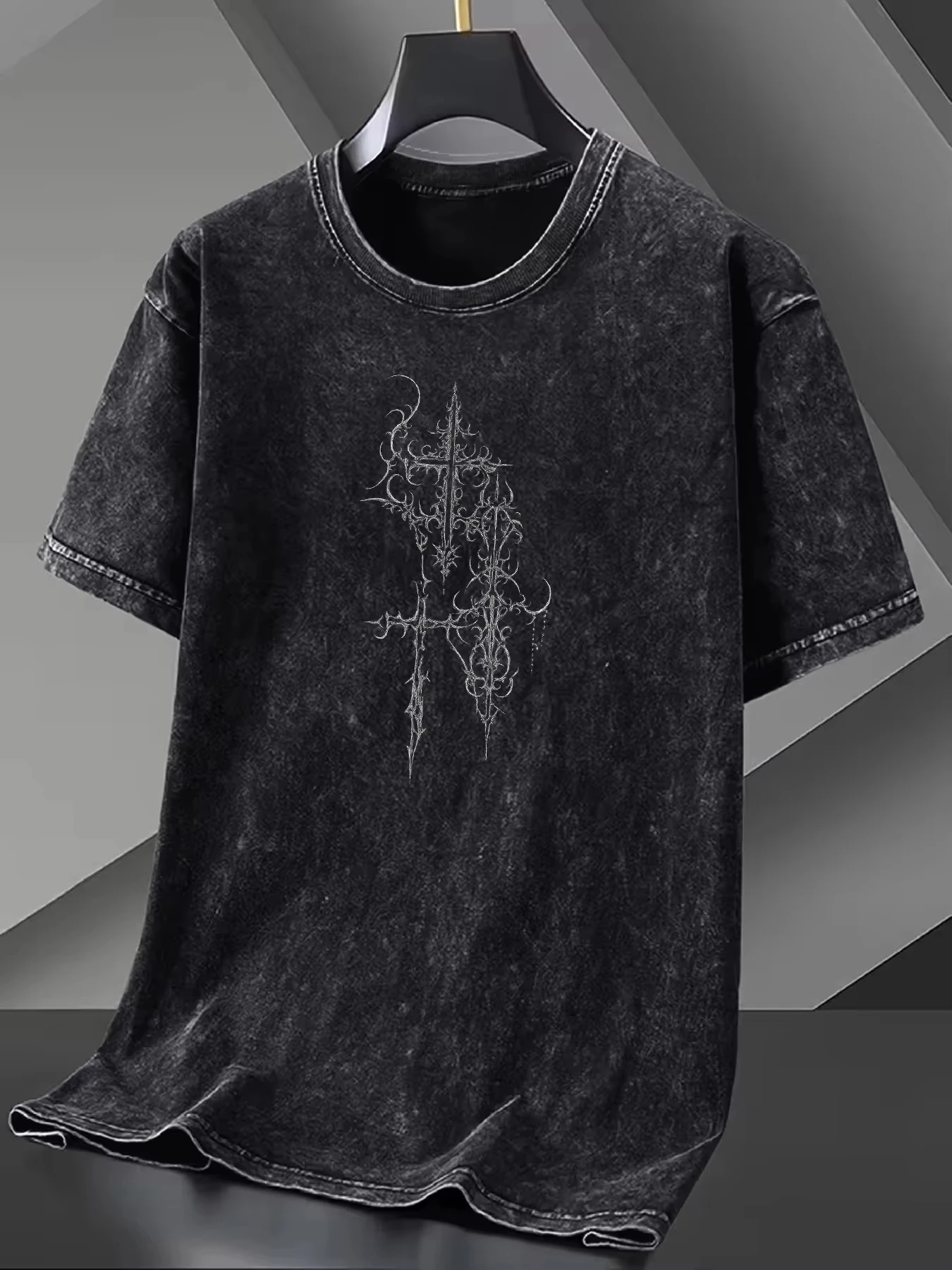 Summer Adult Men's Cross Gothic Pattern Print American Retro Dark Series Street Style Washed Short-sleeved Trendy T-shirt Tops