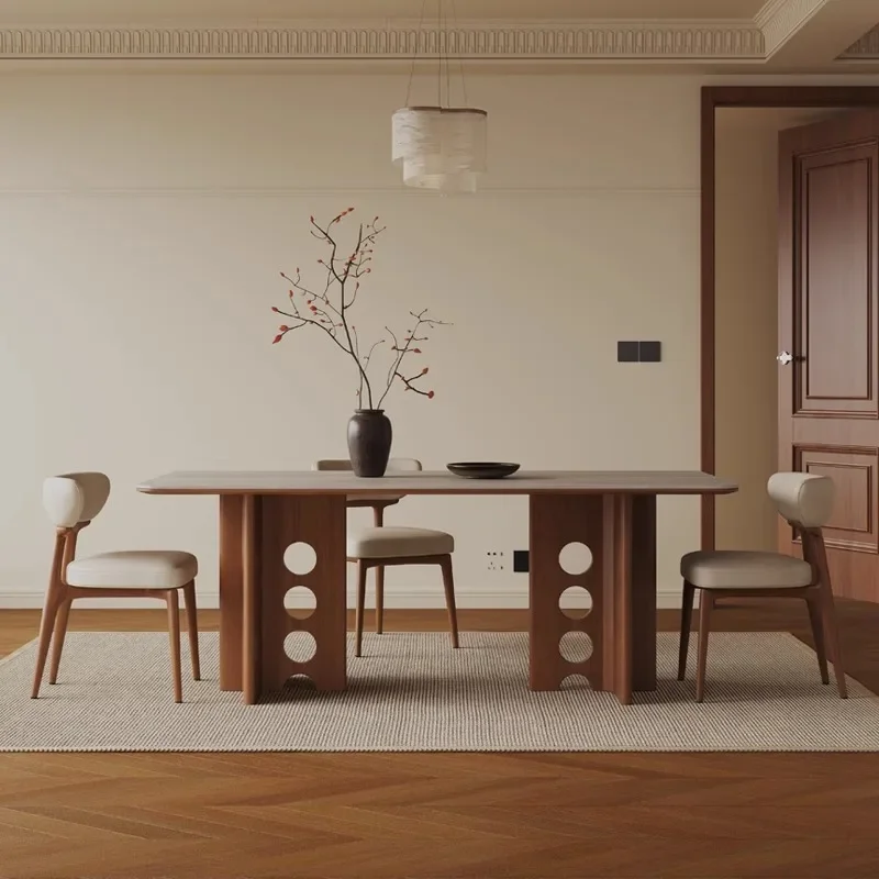 French retro dining table and chairs, combined antique household wind tunnel, dining table small apartment rock slab,