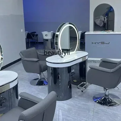 X Barber Shop with Light Dressing Table for Hair Salon with Desktop Hair Cutting and Perming Area Mirror Cabinet Integrat