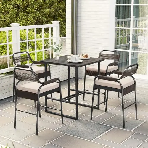 5 Pieces Patio Bar Set Rattan Wicker Dining Bistro Set with 4 Cushioned Stools & Bar Table, Counter Height, for Outdoor - view 3