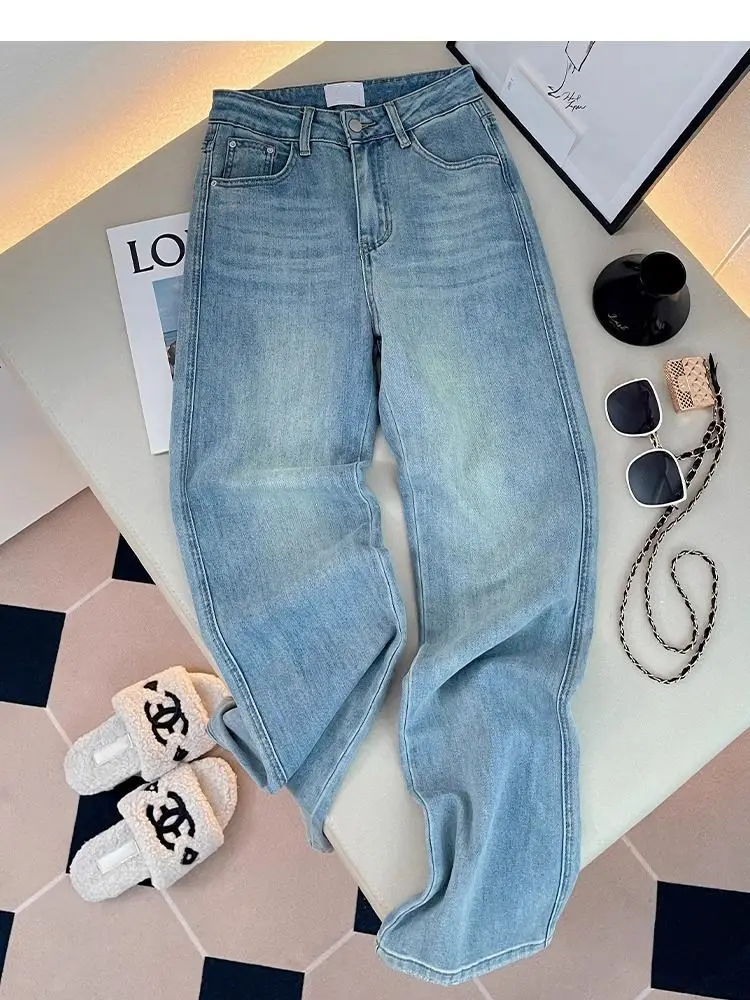 

2025, flocked letter pattern straight jeans, women's, high-waisted, tight and loose light blue straight pants