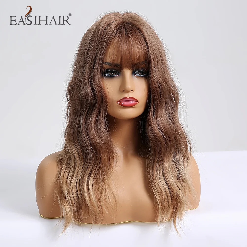 EASIHAIR Bob Wig Sintetik Ombre Pirang Coklat Bergelombang Wig Panjang Medium untuk Wanita Hitam Cosplay Harian Gunakan Tahan Panas