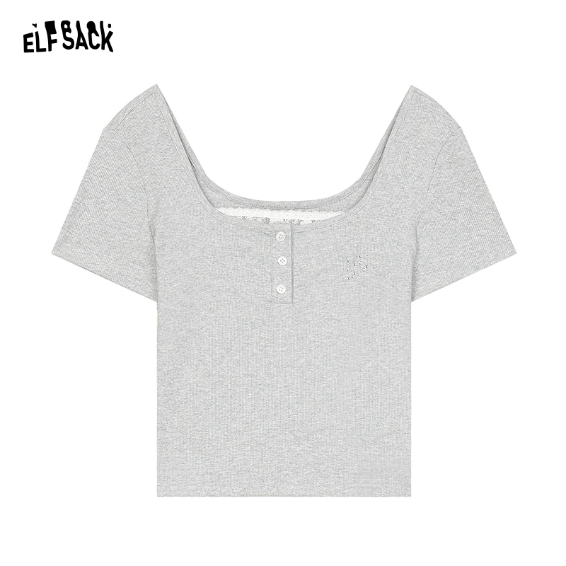 ELFSACK 2024 summer new arrival Threaded silver button lace stitching slim fit straight shoulder short sleeve T-shirt for women