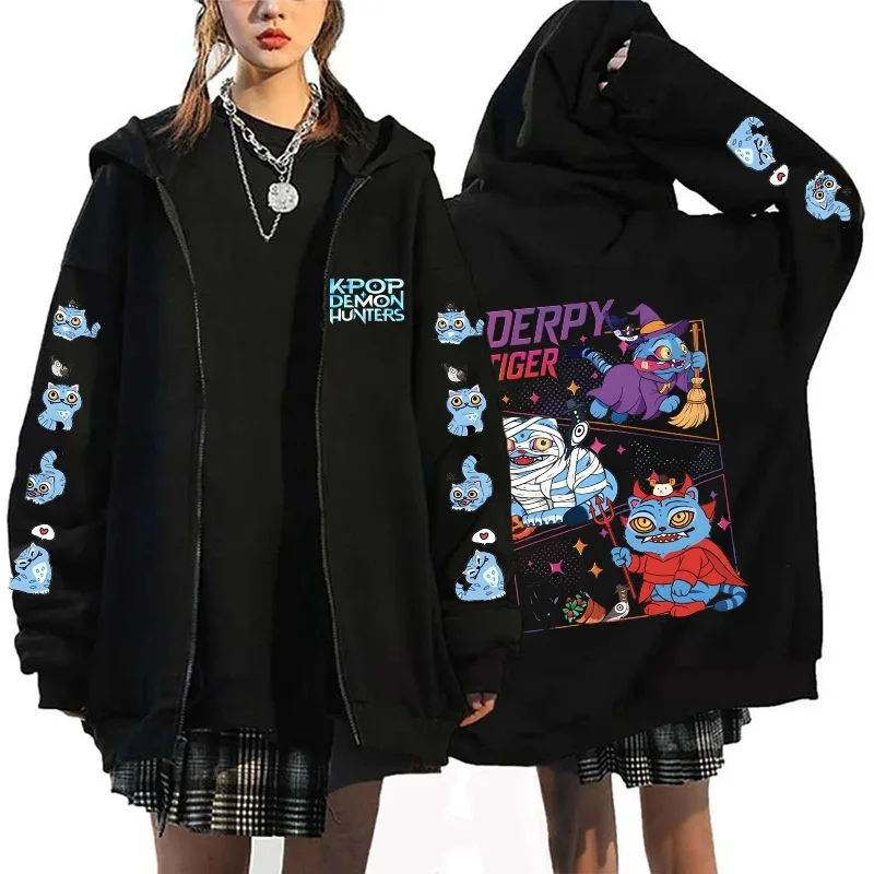 

Autumn and Winter Zipper Hoodie Halloween Tiger Hunting Witch Squad Surrounding Oversized 3D Plus Size Men's and Women's Coat