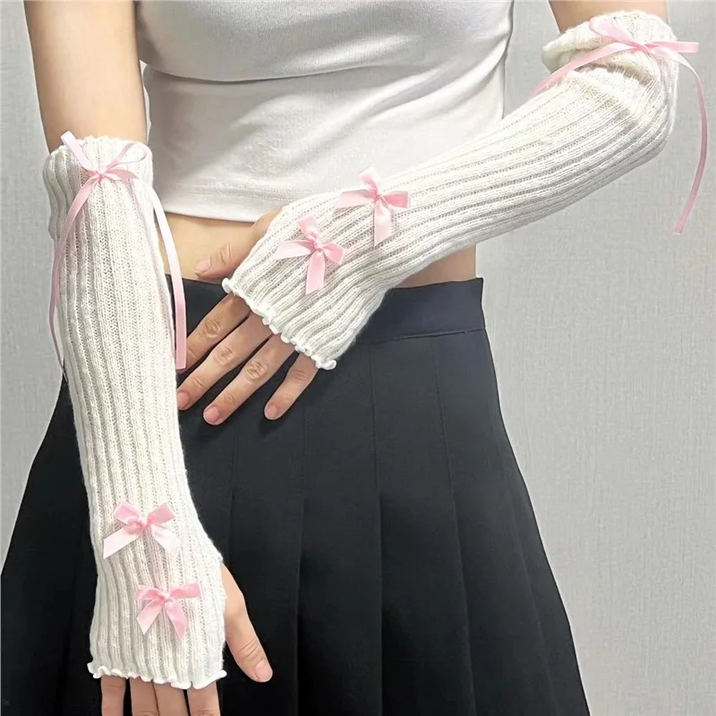 Women's Knit Arm Warmers Sweet Fingerless Gloves, Thermal Yarn Arm Sleeves, Decorative Hollow Out Cuffs for Daily Wear