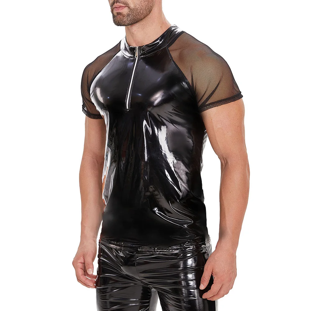 Mens T-Shirt PVC Lacquered T-Shirt Autumn Fashion Nightclub Personality Tight Shaping Short-Sleeved Top Men'S Clothing 2024