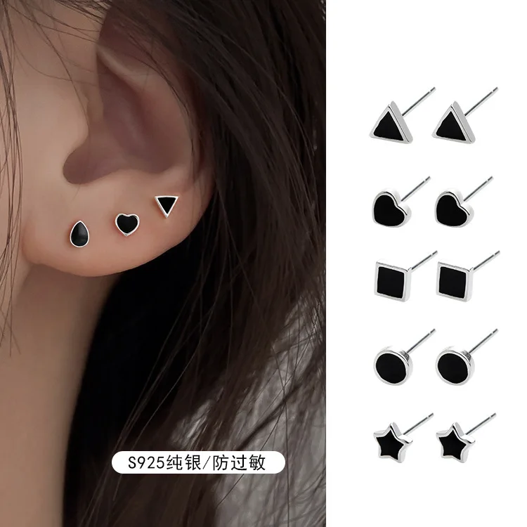 Silver Plated Geometric Black Oil Dropping Stud Earrings Mini Men Korean Simple Love Women Earrings Versatile Piercing Jewelry