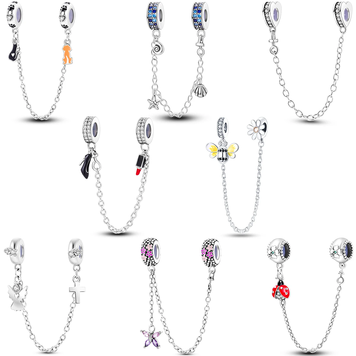 Sparkling Clear Silver Plated Safety Chain Charm Beads Fit Original Pandora Bracelet DIY Jewelry