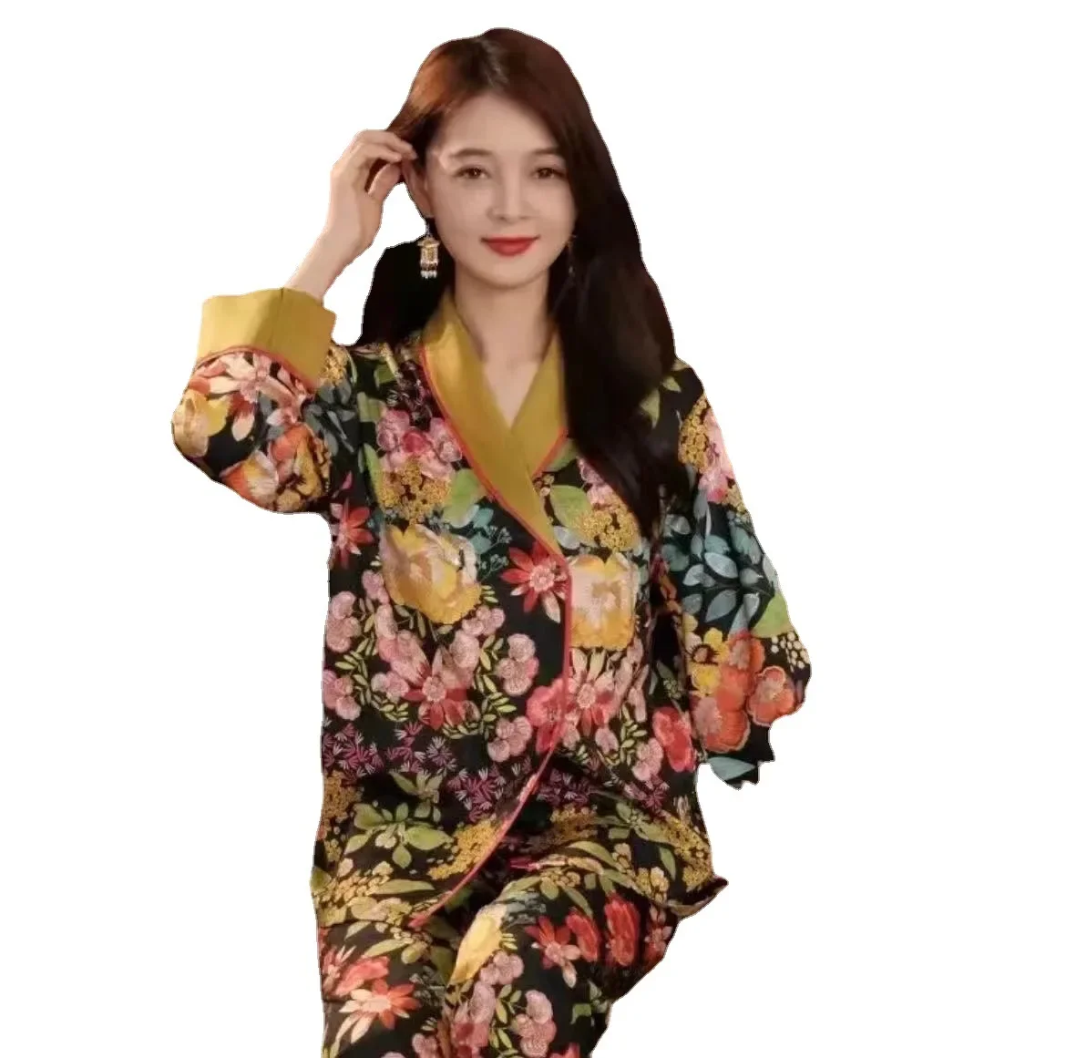 Women\'s Pajamas Set V Neck Design Luxury Flower Print Sleepwear Silk Like Home Clothes Loose Nightwear 2 Piece Suit Pijama