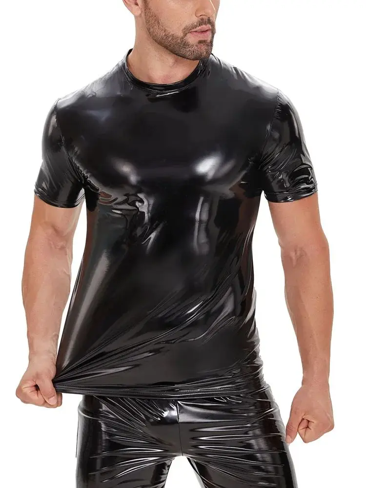 S-5XL Shiny Faux PU Leather Short Sleeve Wet Look PVC T Shirt Men Hip Hop Tshirt Tights Sexy Hot Shapers Muscle Bodybuilding Top