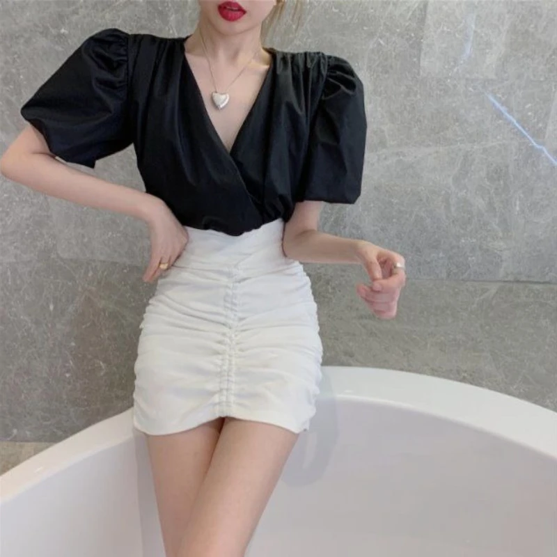 

2026 Summer New Arrival French Women V Neck Bubble Sleeve Shirt Pleated Irregular Bodycon Mini Skirt Two Piece Set