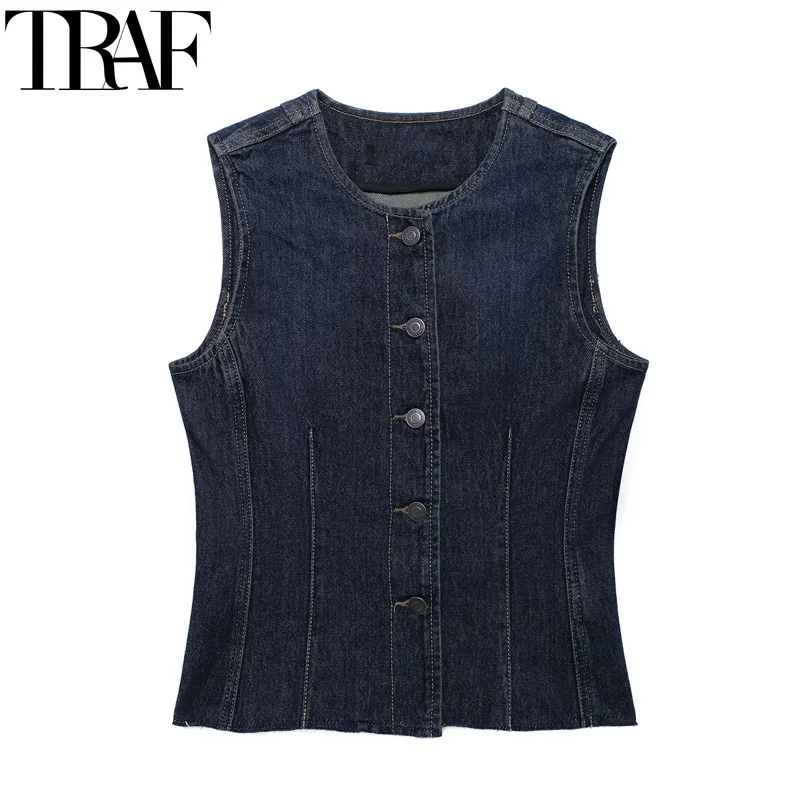 TRAF Waistcoat Women Sleeveless Denim Vest Woman Outerwears Summer Slim Navy Blue Vest Casual Button Cropped Vests For Women