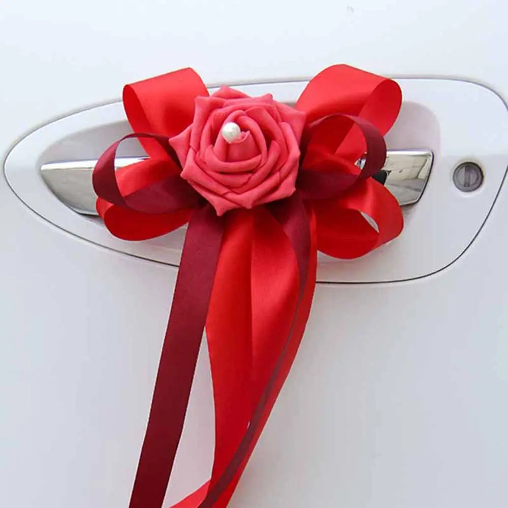 

Decor Ribbon Satin Rearview Mirror Rose Flower Car Decoration Wedding Door Handles