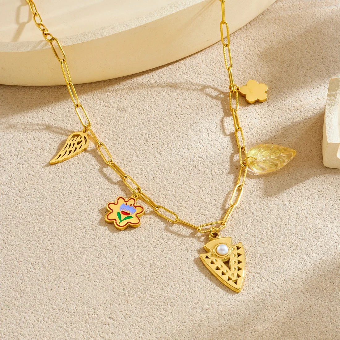 316L Edelstahl Perle Inlay Geometrie Blume Blatt Flügel Anhänger Halskette Frauen Edle Elegante Schlüsselbein Kette Geschenke