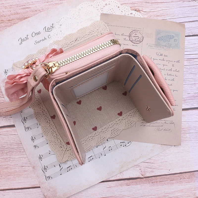 Portafoglio Lolita giapponese dolce e carino fatto a mano giapponese Portafoglio morbido con fiocco in strass in pizzo per ragazza Portafoglio di grande capacità per donna