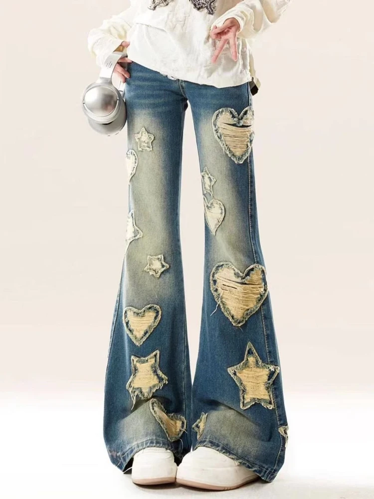 

Oversized American Streetwear Jeans High Waist Heart Five-pointed Star Hole Design Flare Pants Y2k Female Slim Women's Clothing