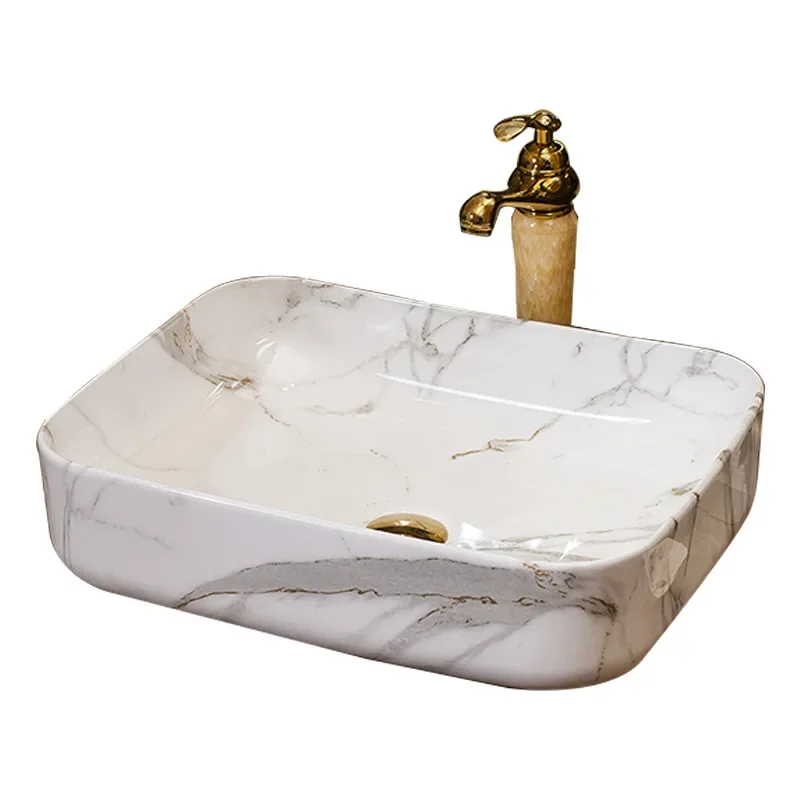 Nordic Minimalist Marble Ceramic Gold Pattern Art Above Counter Basin Household Bathroom Ceramic Square Washbasin