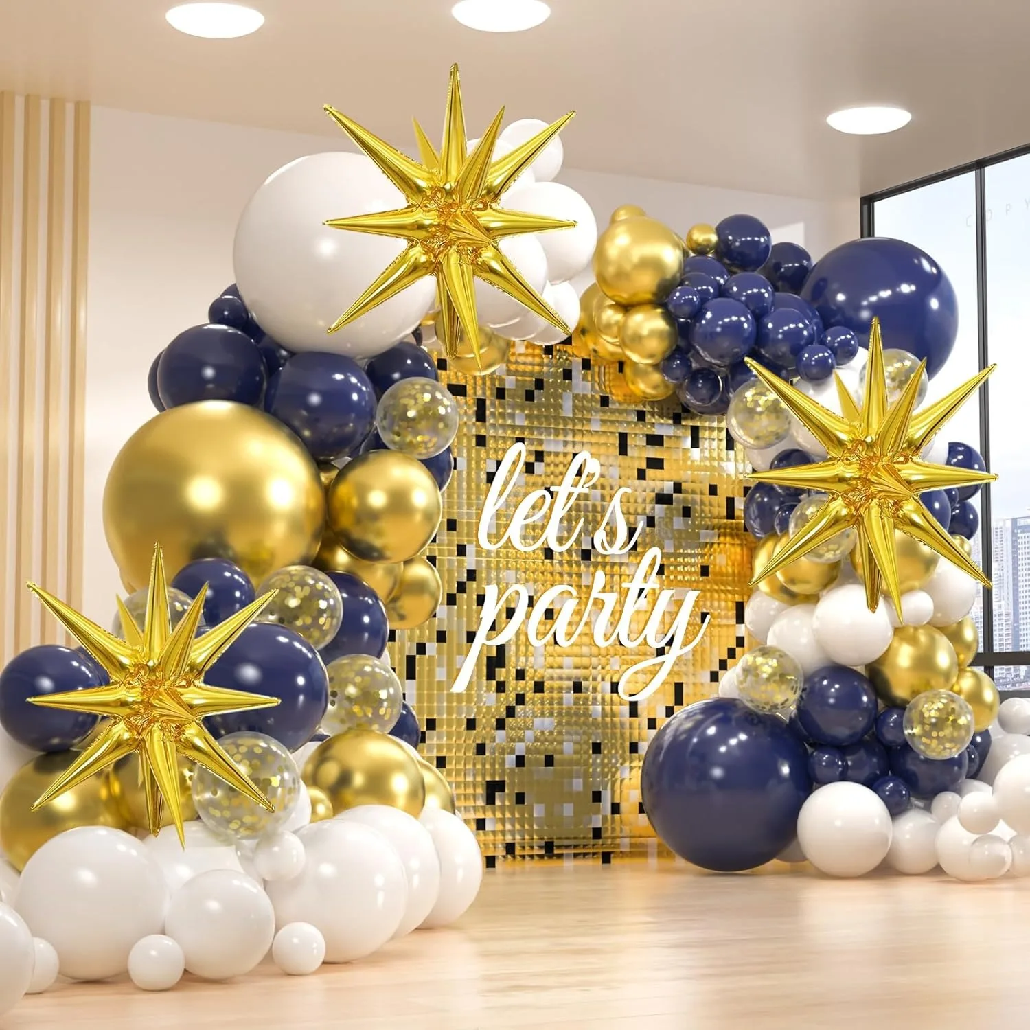 156 Pack Navy Blue and White Gold  with Starburst Foil Balloons Garland Arch Kit For Birthday 2024 Graduation Party Decorations