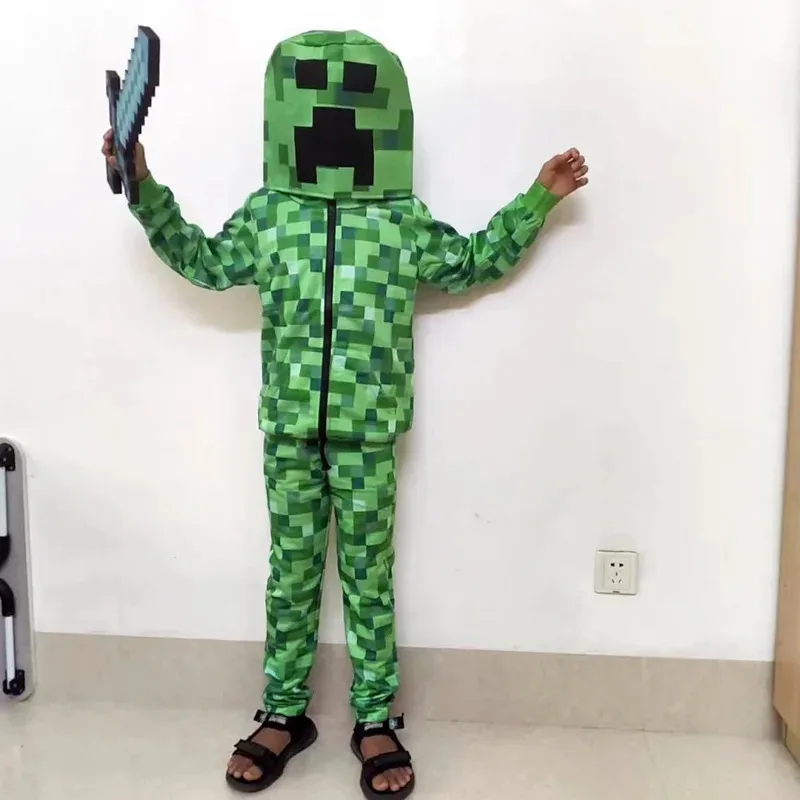 เด็กฮาโลวีน Creepersw อะนิเมะสีเขียว Cos เครื่องแต่งกายตลก Jumpsuits Hoodie Sweatshirt วันเกิด Party เสื้ออะนิเมะ Outweart + LED