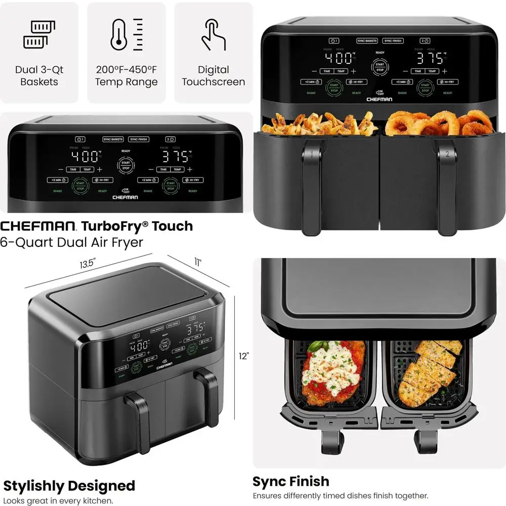 

Цифровая аэрофритюрница на 6 квартов с двумя корзинами, функцией Smart Sync Finish, Hi-Fry, автоматическим отключением, антипригарным покрытием, пригодная для мытья в посудомоечной машине - черная