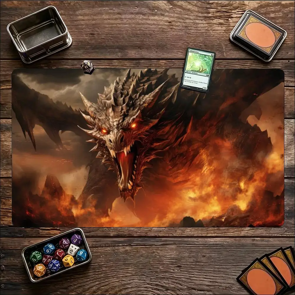 Twin Fire Dragons Battling Playmat Lava Large Gaming Desk Mat Extended Mouse Pad for Mythical Fantasy Dragon Battles Gamers