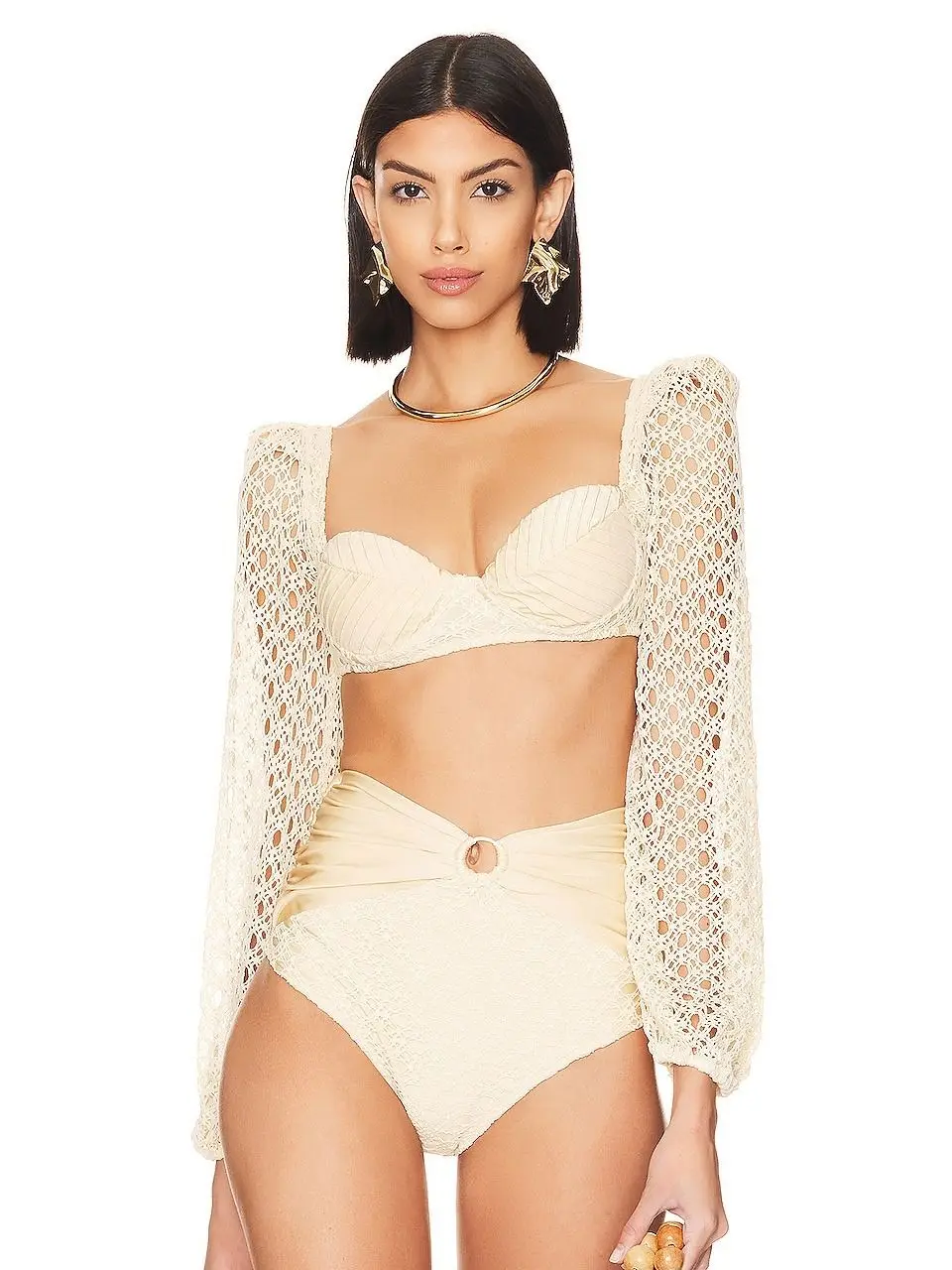 Traje de baño de manga larga para mujer, Bikini con abertura y falda larga, diseño elegante, color Beige, novedad de verano, 2023