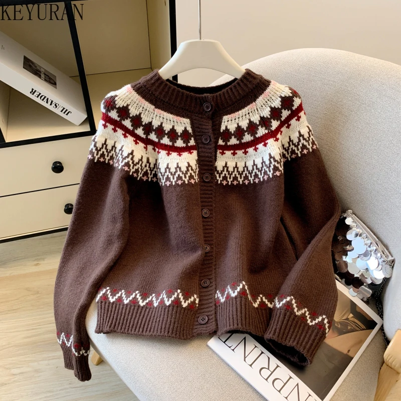 

Осень-зима 2022, вязаный открытый кардиган в стиле ретро, женский свитер в японском стиле, однобортный трикотаж с круглым вырезом, топы, джемперы