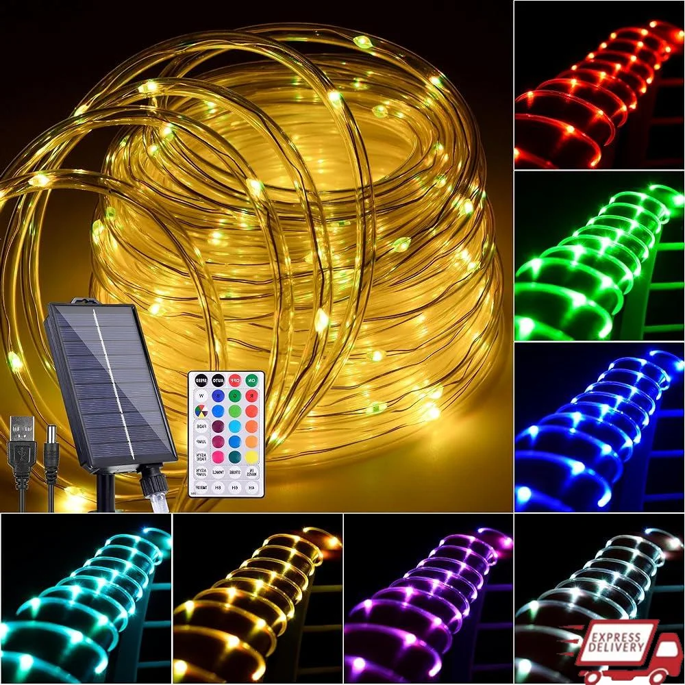 49FT Solar Rope Lights Outdoor Waterproof 150 LEDs Remote Control 18 Colors Changing Timer USB Rechargeable IP68 Fairy String