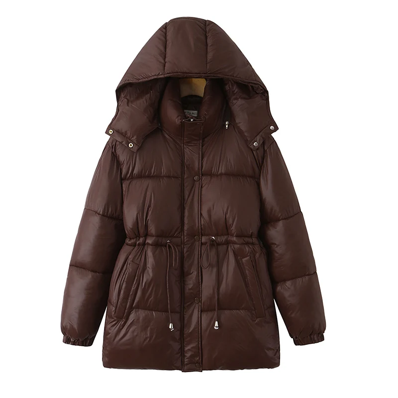 

2025 Winter New Arrival: Brown European and American Style Mid-Length Hooded Zipper Drawstring Warm Cotton Jacket.