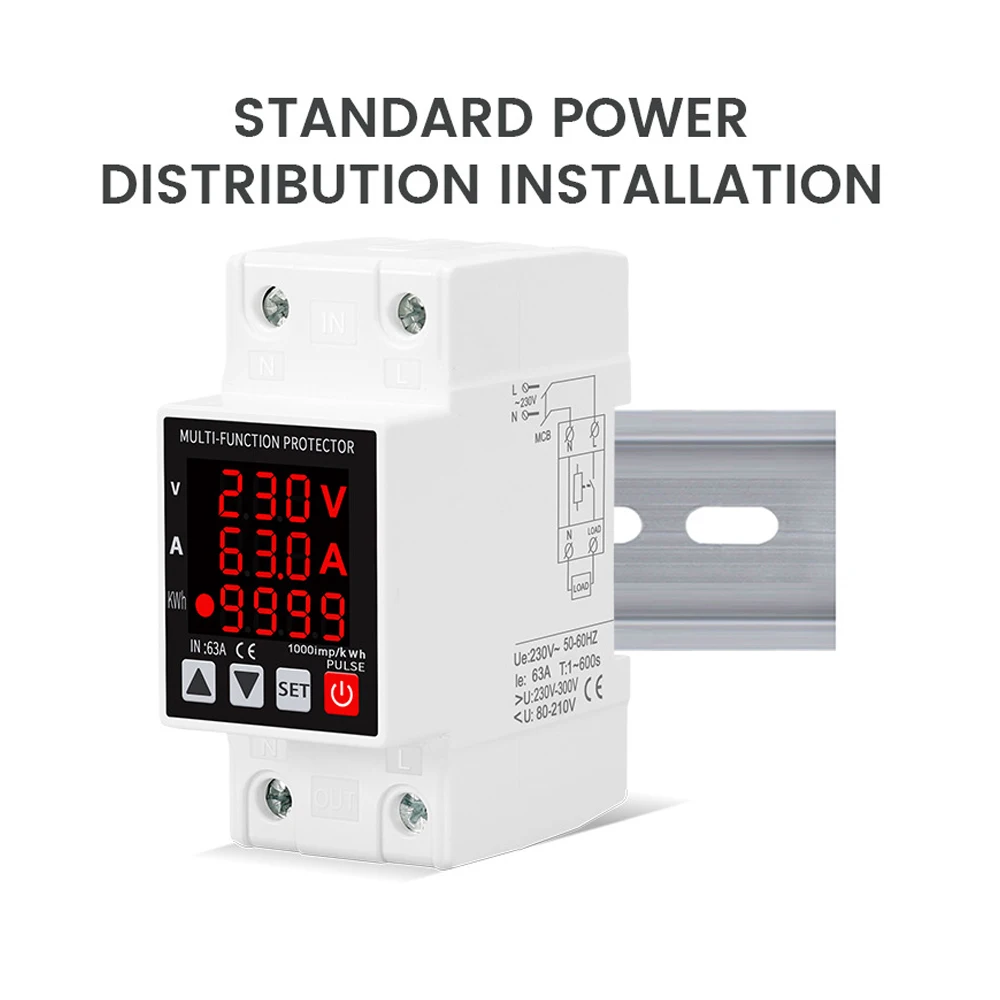 

63A 230V Digital Display Adjustable Over Voltage Current and Under Voltage Protective Device Protector Relay Din Rail Install