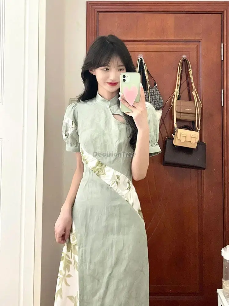 

2024 new chinese style cheongsam oriental qipao youth style slim green modern daily qipao dress lady graceful hanfu dress