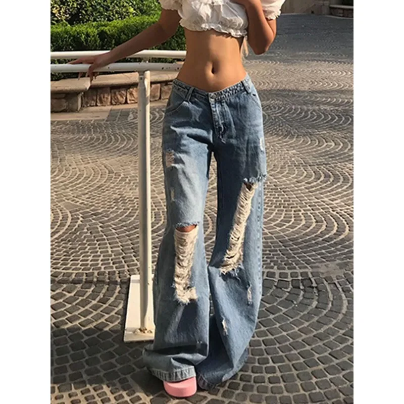 

Американские горячие девушки Sle Distred Высокая талия Прямые синие джинсы Женские лето 2025 Новые широкие брюки Повседневная свободная посадка