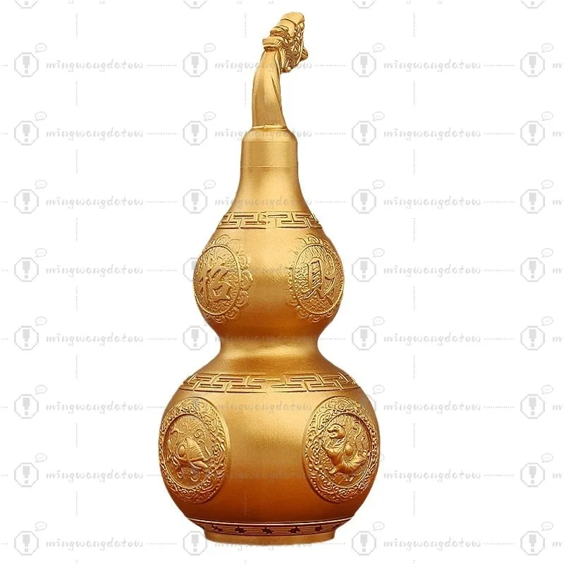 Brass Gourd Ornament Carved Four Divine Beasts Dragon Head Design Metal Craft Desktop Decoration for Office Home Entrance Hall