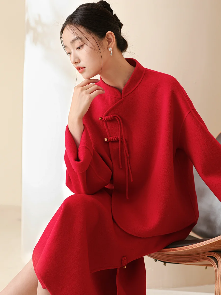 

Красный двусторонний шерстяной костюм для женщин, новая коллекция, китайский стиль, 100% шерсть, осенне-зимняя модная верхняя одежда от ChuChan Clothing
