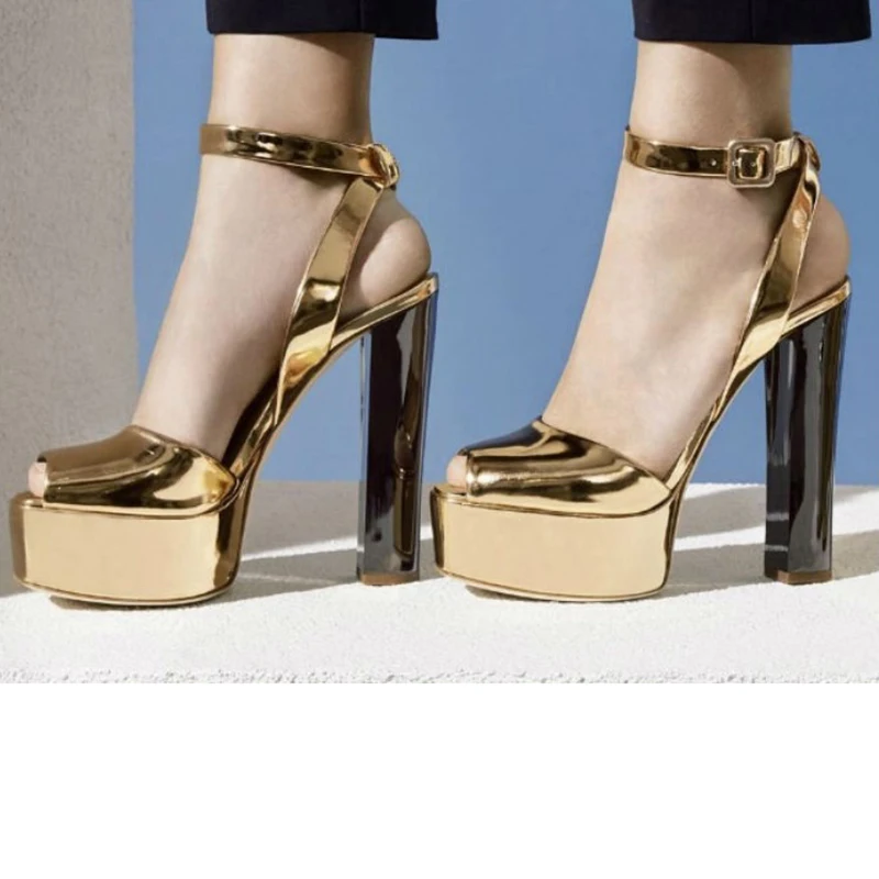 2023 Chunky Heel Summer Sandals for Women Peep Toe Party High Heels Ankle Strap Shoes Ladies Gold Platforms Plus Size Footwear