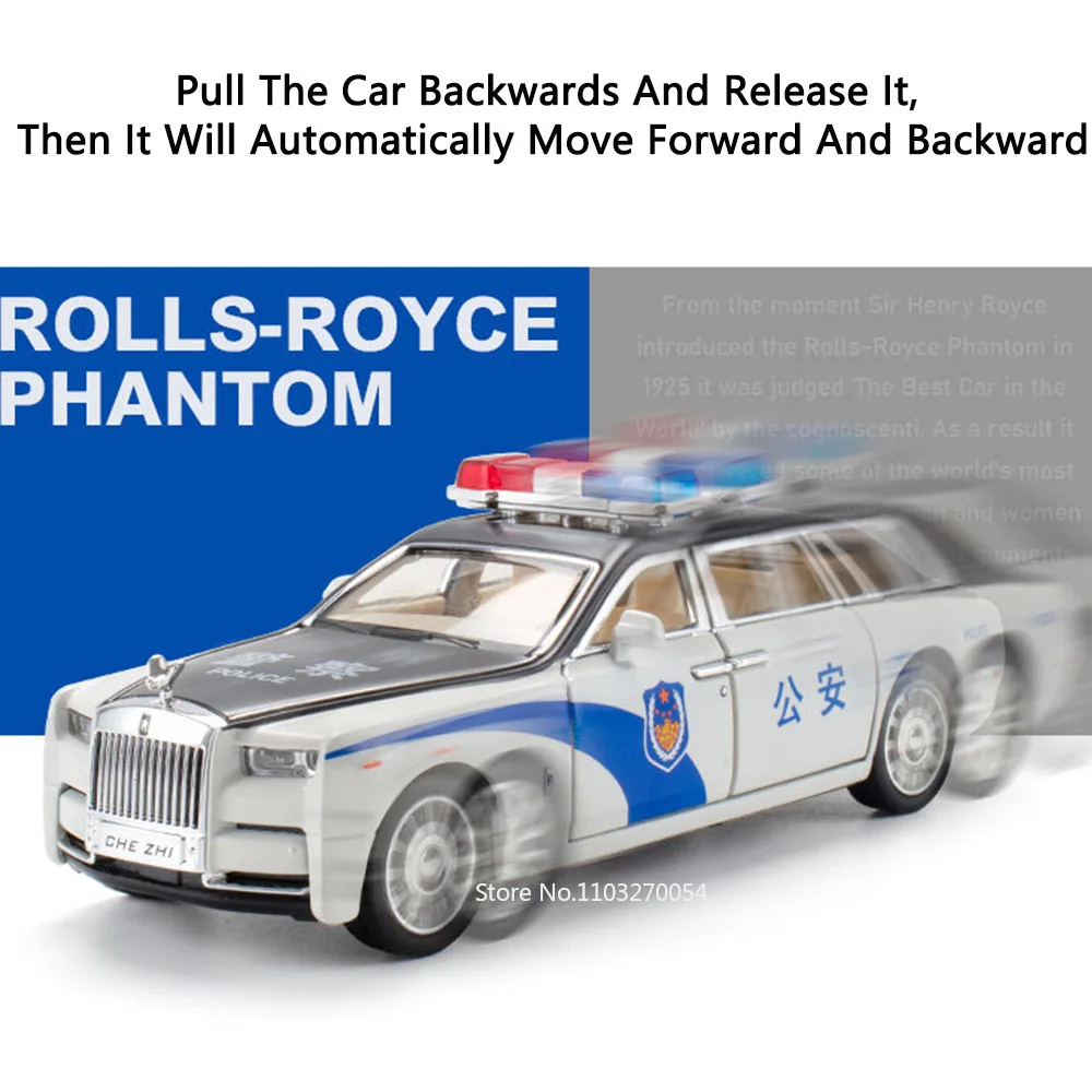 1/32 Rolls-Royce Phantom Car Model Toy Alloy Diecast Police Cars 6 Door Can Be Opened Sound Light Pull Back Vehicle for Boy Gift