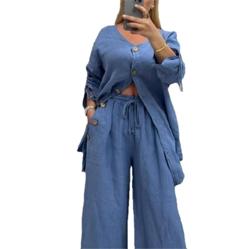 Conjuntos de dos piezas de lino y algodón a la moda para mujer, conjuntos de pantalones informales holgados lisos, cárdigan, pantalones de pierna ancha de cintura alta, conjunto de 2 piezas