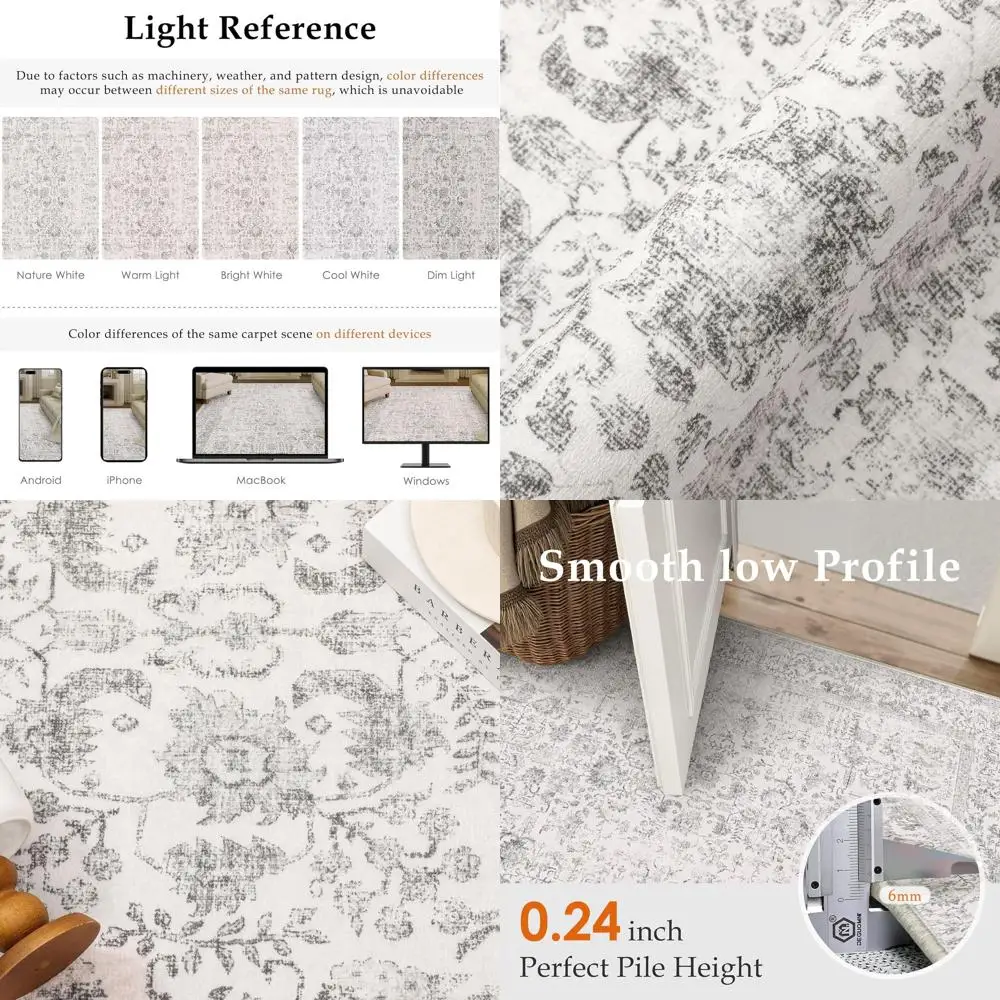 

Vintage Distressed Grey Floral Area Rug, 5x7, Machine Washable, Non-Slip, Perfect for Living Room, Bedroom, Office, Kitchen, and