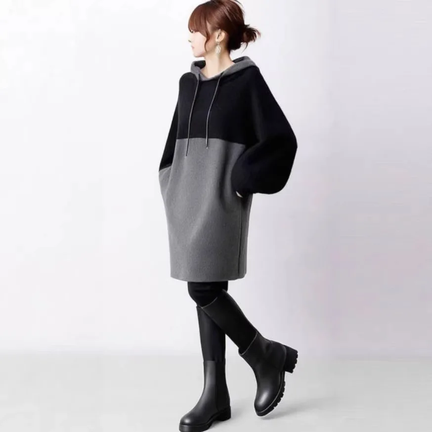 Women Long Loose Sweatshirt 2026 Autumn New Hooded Color Block Top Back Ruffle Side Pockets Warm Brushed Long Sleeve Pullover
