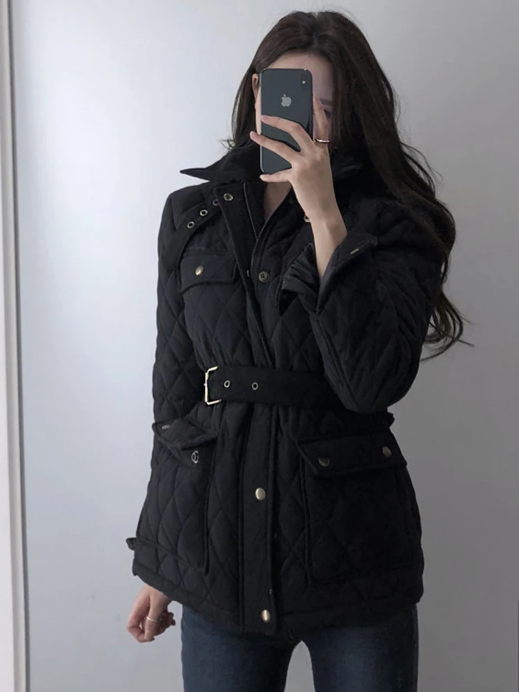 QOERLIN 2023 Winter New Hot Selling Korean Edition Thickened Cotton Coat For Women's Fashion Solid Color Lace Up Short Jacket