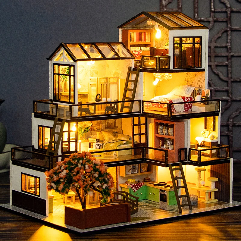 DIY Wooden Doll Houses Dream Town Casa Miniature Building Kit Villa Dollhouse with Furniture Led Lights for Girls Birthday Gifts