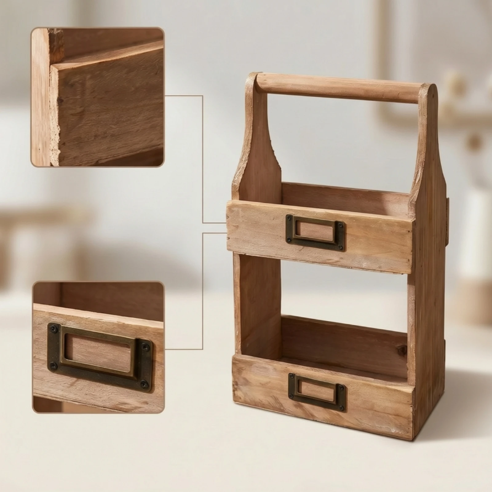 Two-Tier Storage Box Rustic Organizer Case with Handle Storage Box with Handle Multipurpose Wooden Organizer Portable for Vanity