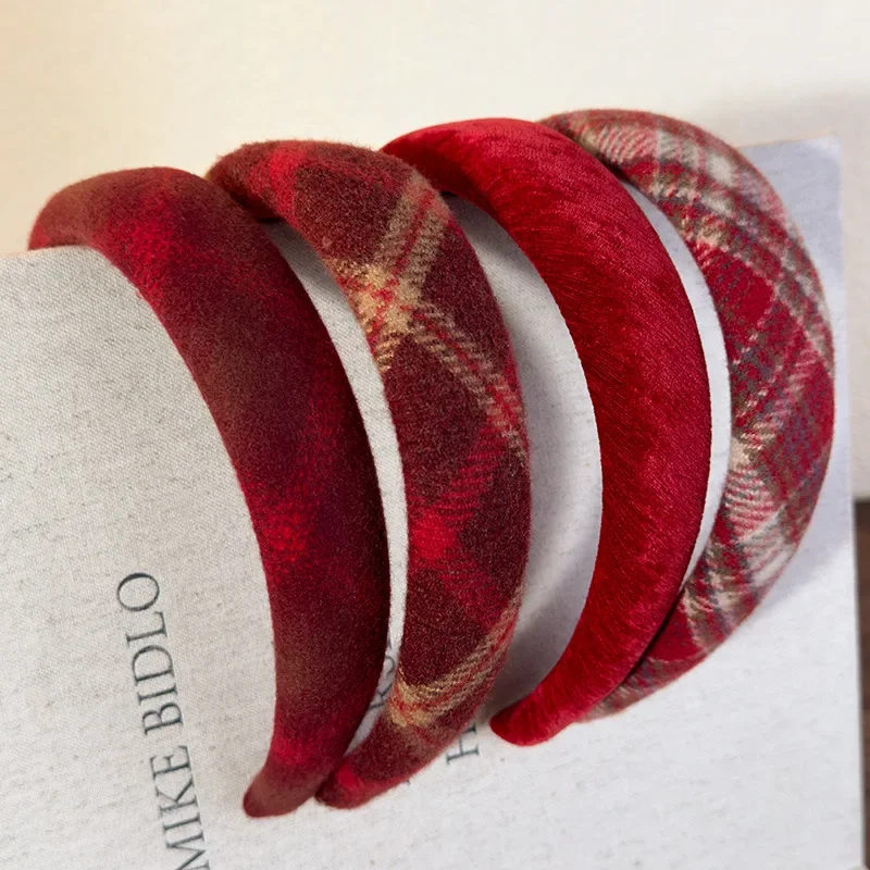 Retro Red Sweet Wool Headbands for Woman Girl Temperament Hair Hoop Sponge Wide Hair Band Female Christmas Hair Accessories Gift
