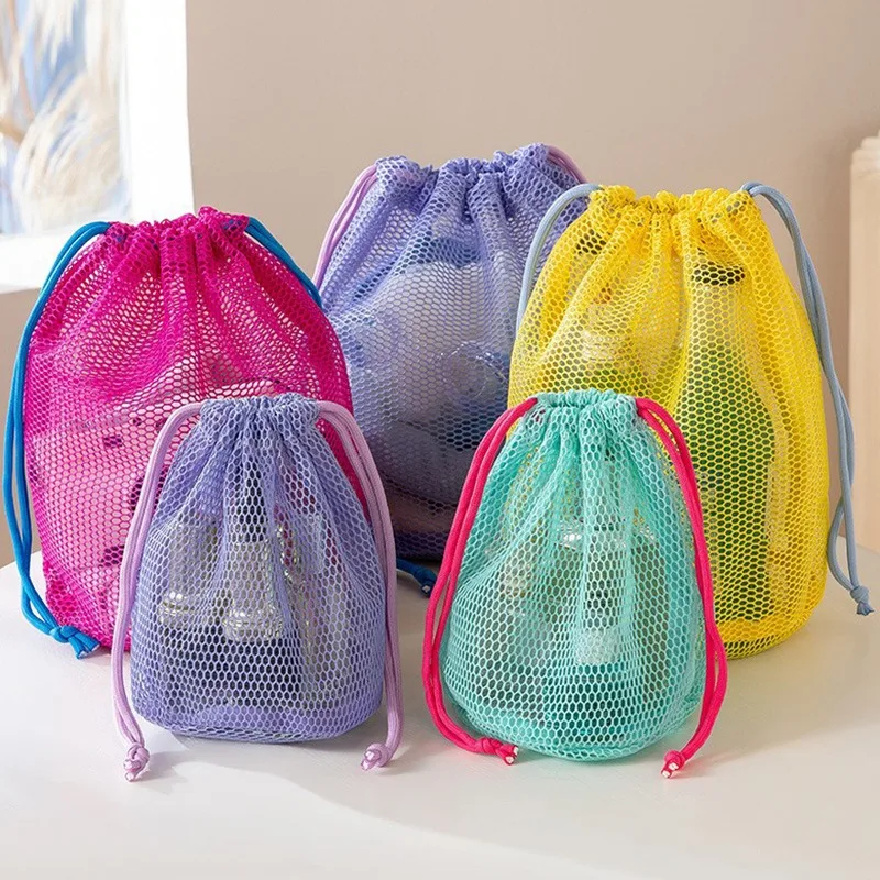 1PC Bright Colored Mesh Drawstring Bag Portable Minimalist Toiletry Cosmetic Travel Hand Carry Storage Pouch Wash Bag