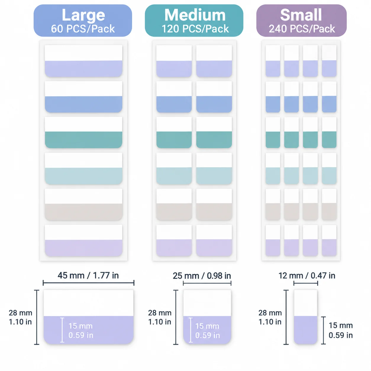 60/120/240 Writeable Index Tabs — Colorful Categorization Markers for Books, Planners, Office, and Study (Includes 3 Sizes)