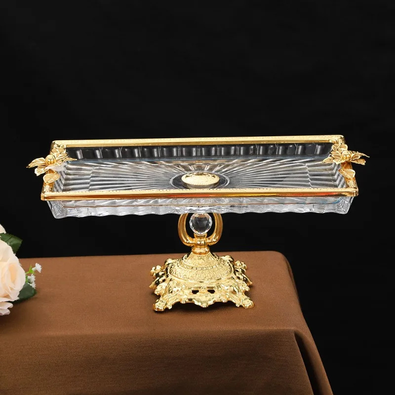 Light luxury retro fruit plate, tall glass plate, household dry plate with base, cake, snack snack fruit plate