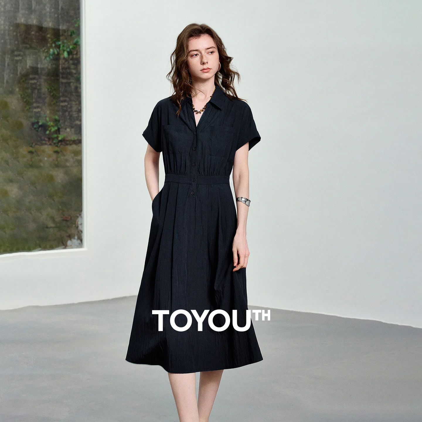 TOYOUTH Women Textured Waist Dress 2026 Summer New Retro High Intellectual Temper Continuous Sleeve Commute Midi Dress