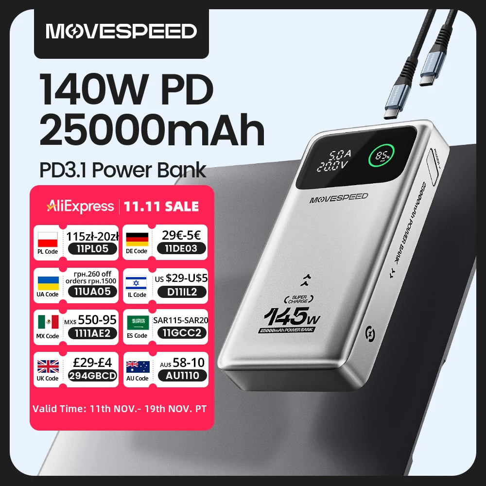MOVESPEED M25Pro 140W Power Bank 25000mAh PD3.1 Fast Charge Portable External Battery 100W Powerbank for MacBook Notebook Laptop