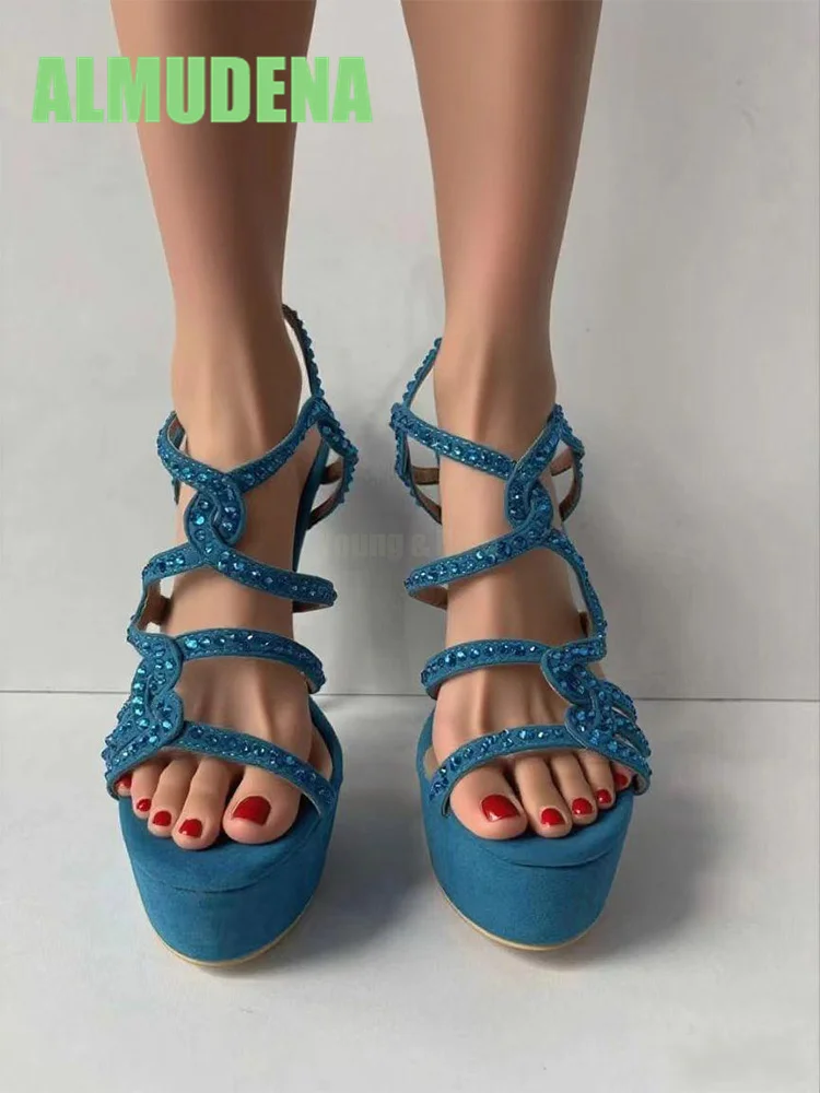 

Blue Crystal Ankle Buckle Sandals Sparkling Small Diamond Wrapped Belt Design Stiletto High Heels Women's Party Style Sandals